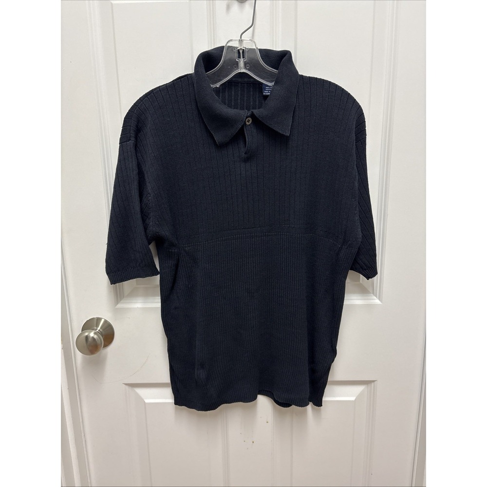 Silk Navy Ribbed Collared Pull‎ Over Shirt - Size Medium